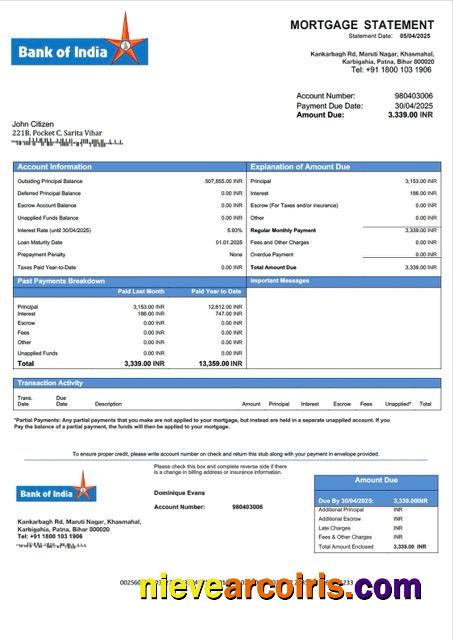 India Bank of India mortgage statement Word and PDF template